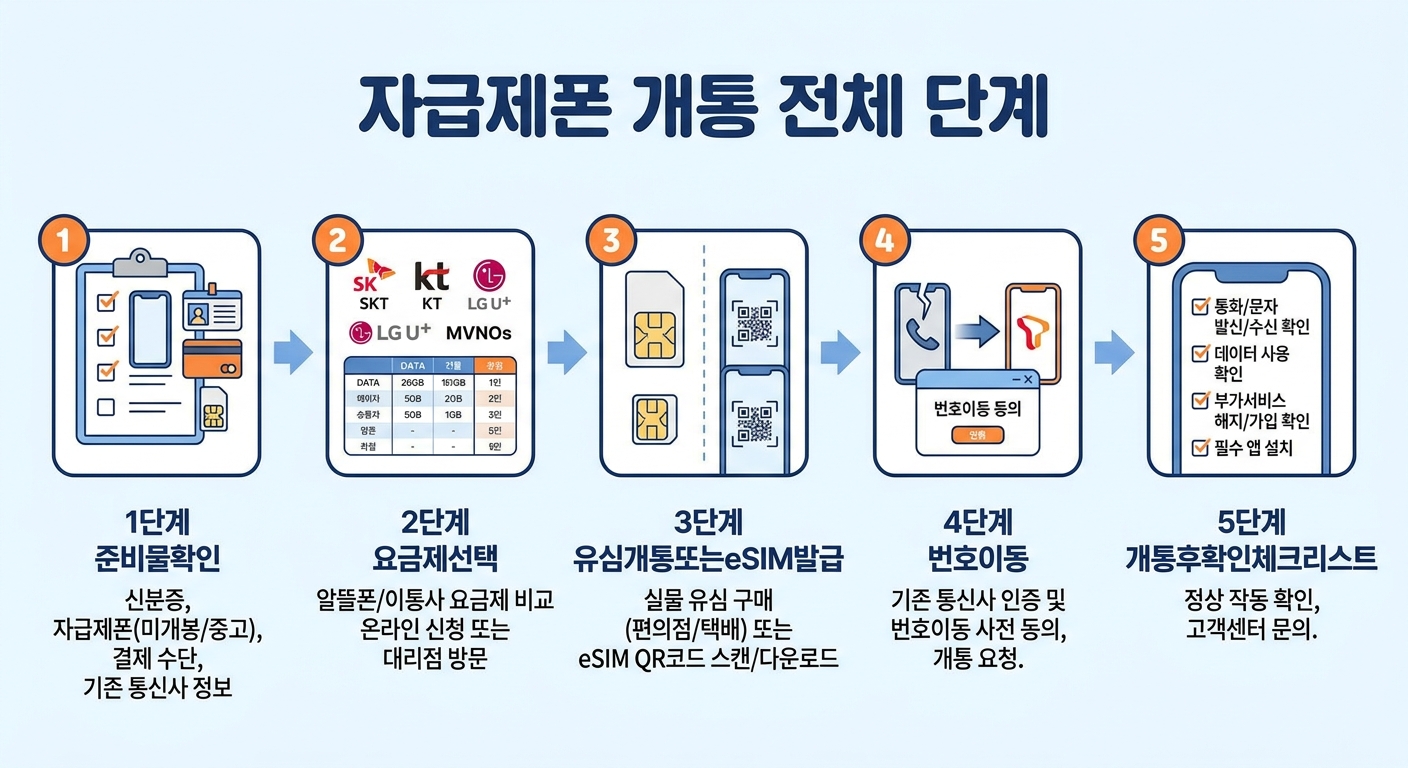 자급제폰 개통 5단계 절차 인포그래픽