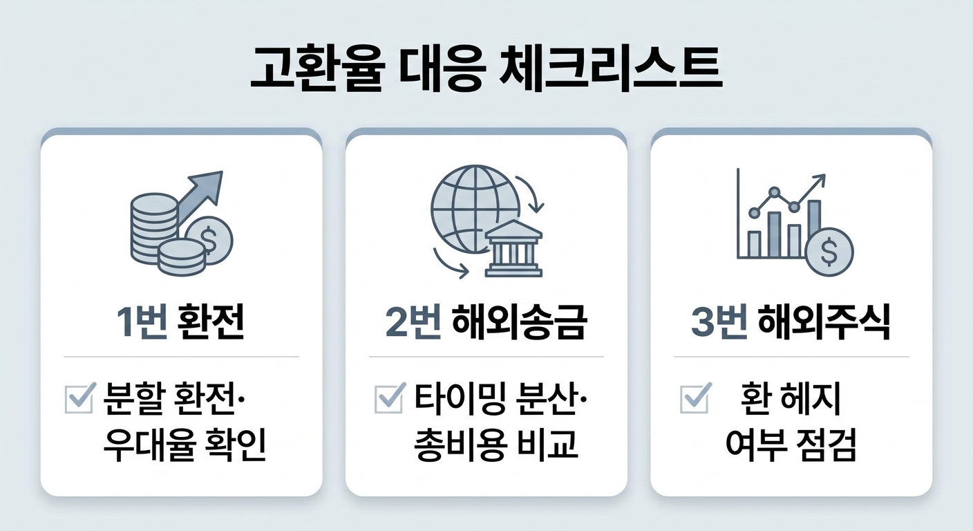 환전·해외송금·해외주식 상황별 고환율 대응 체크리스트 인포그래픽