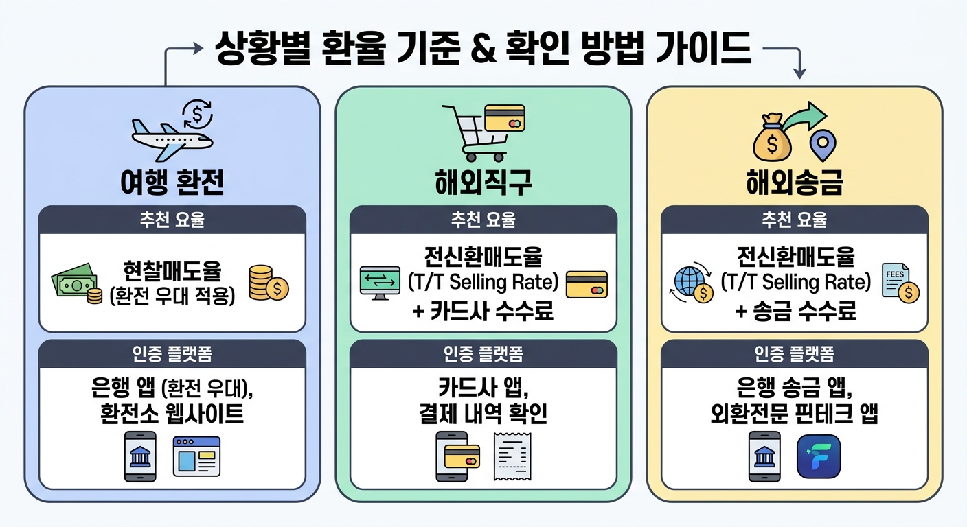 여행 직구 송금 상황별 환율계산기 선택 가이드 인포그래픽
