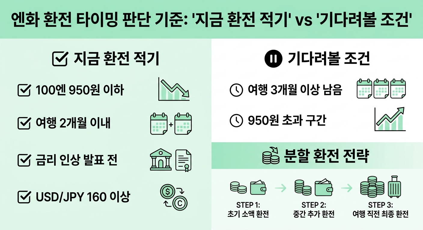 엔화 환전 타이밍 판단 체크리스트와 분할 환전 전략 인포그래픽