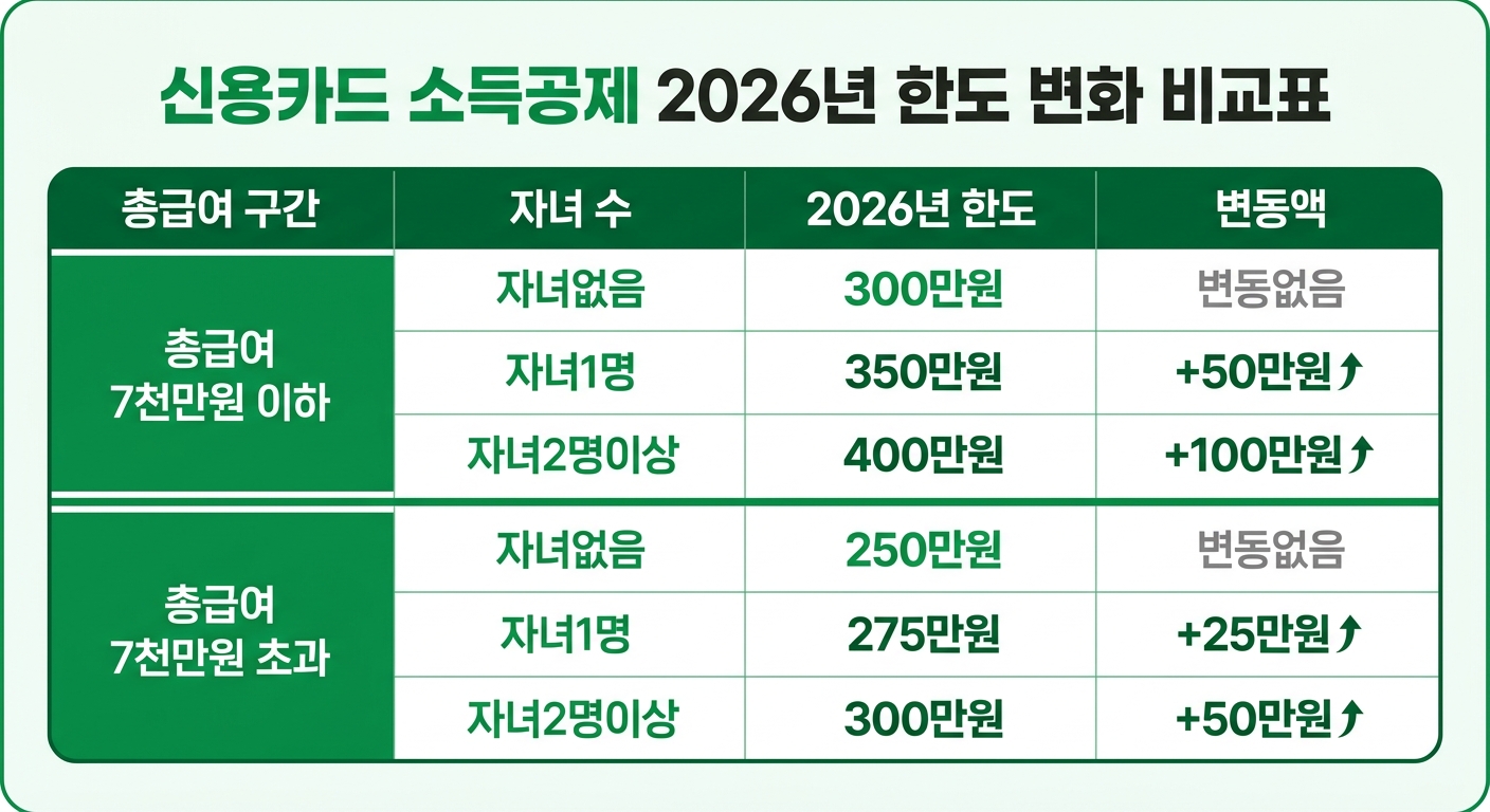 2026년 신용카드 소득공제 자녀별 공제한도 변화 비교표