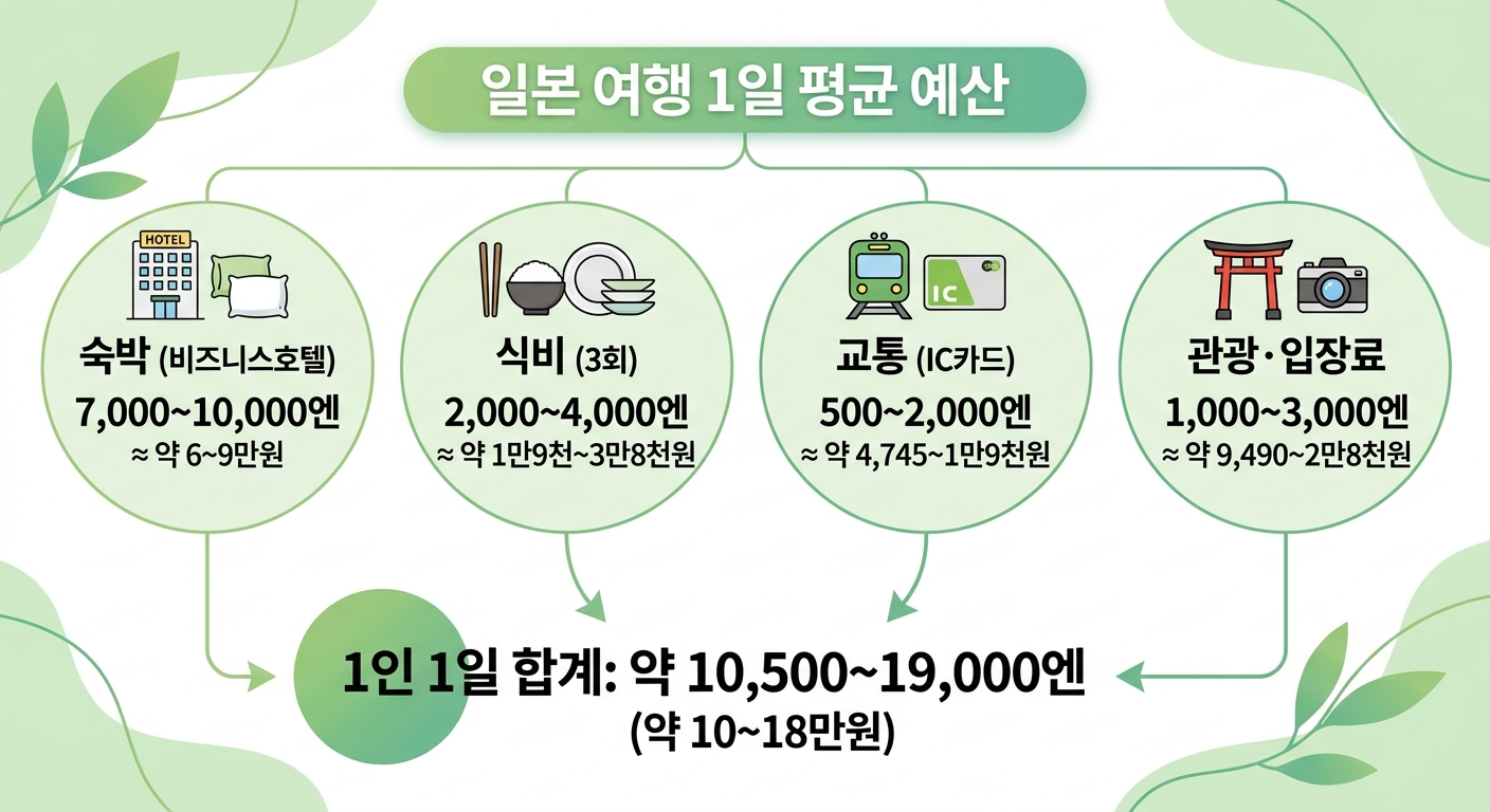 일본 여행 1일 예산 항목별 엔화 원화 환산 인포그래픽
