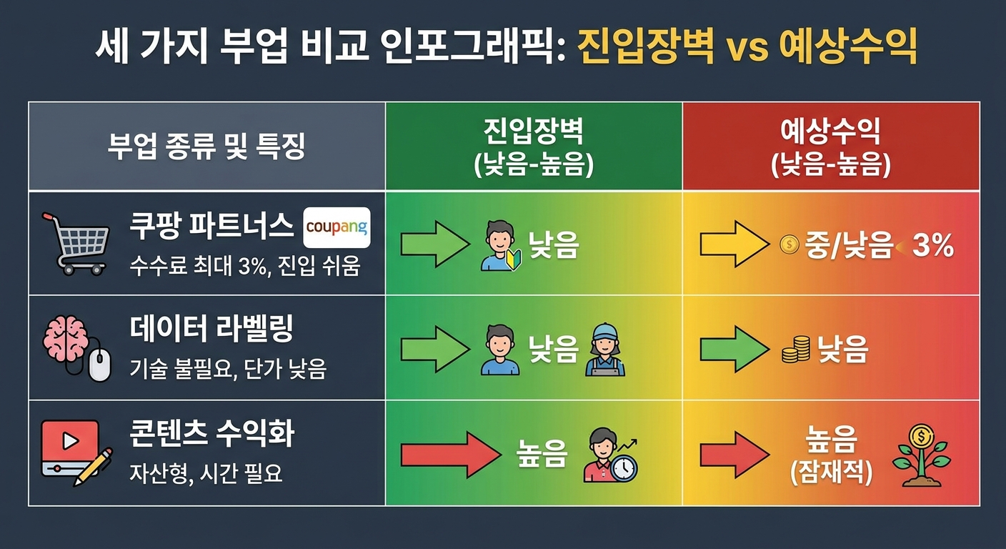 쿠팡 파트너스, 데이터 라벨링, 콘텐츠 수익화 부업 비교 인포그래픽