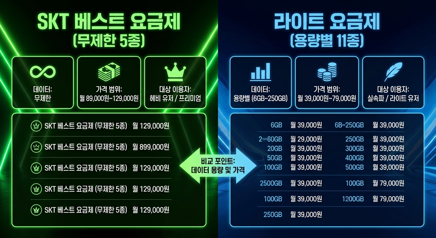 SKT 베스트·라이트 요금제 구조 비교 인포그래픽