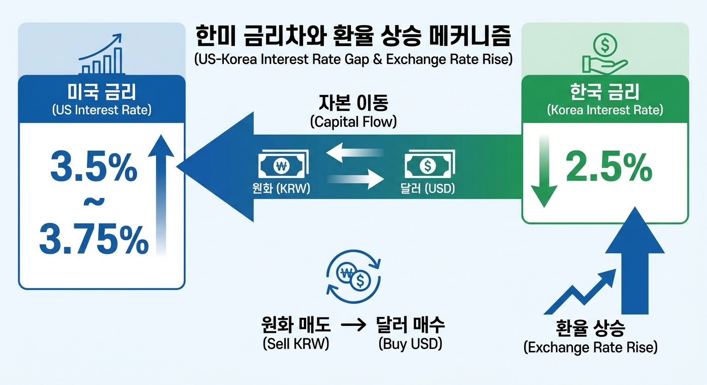 한미 금리차가 환율 상승으로 이어지는 메커니즘 설명 인포그래픽
