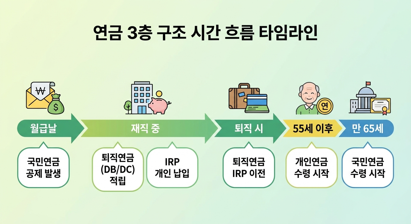 국민연금 퇴직연금 개인연금 수령 시기 타임라인 인포그래픽
