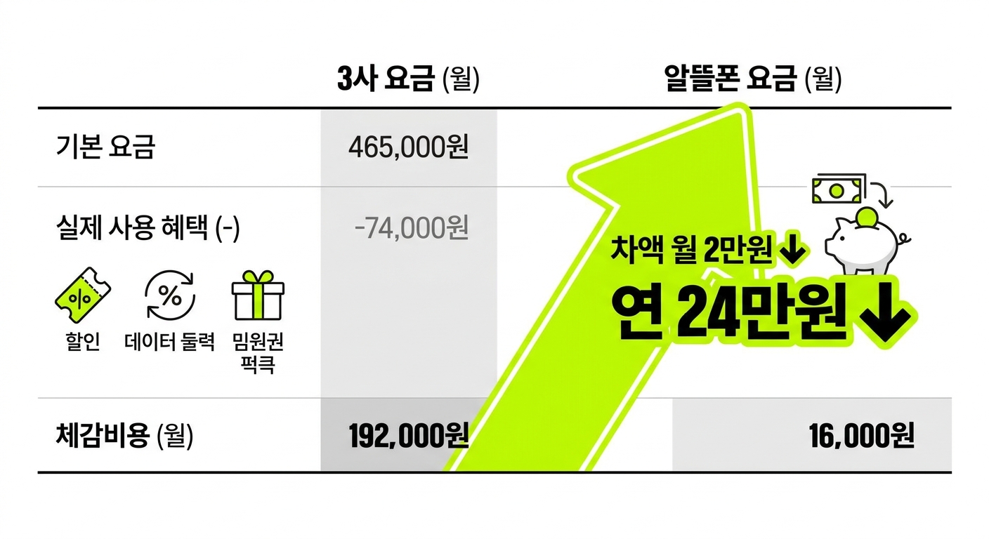 알뜰폰과 통신 3사 체감 통신비 손익 비교 계산표