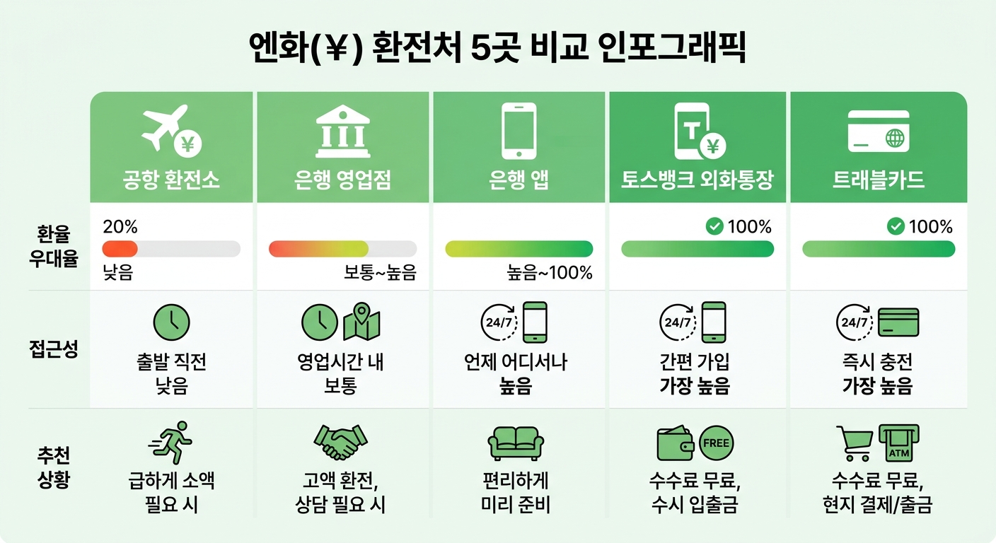 엔화 환전처 5곳 우대율·접근성 비교 인포그래픽
