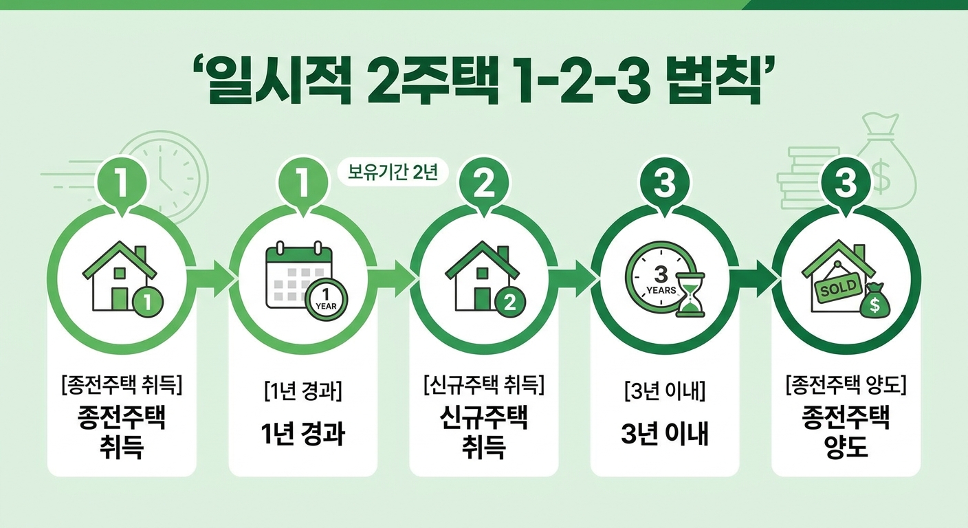 일시적 2주택 비과세 1-2-3 법칙 타임라인 인포그래픽