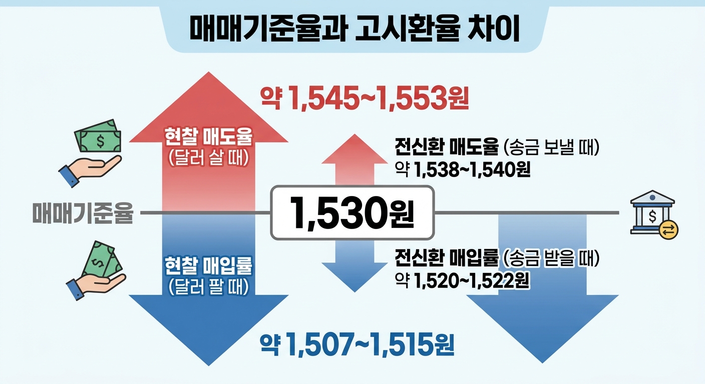 매매기준율과 은행 고시환율(현찰/전신환) 차이 다이어그램