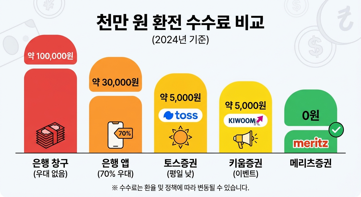 증권사별 환전 수수료 비교 인포그래픽 - 1,000만 원 기준