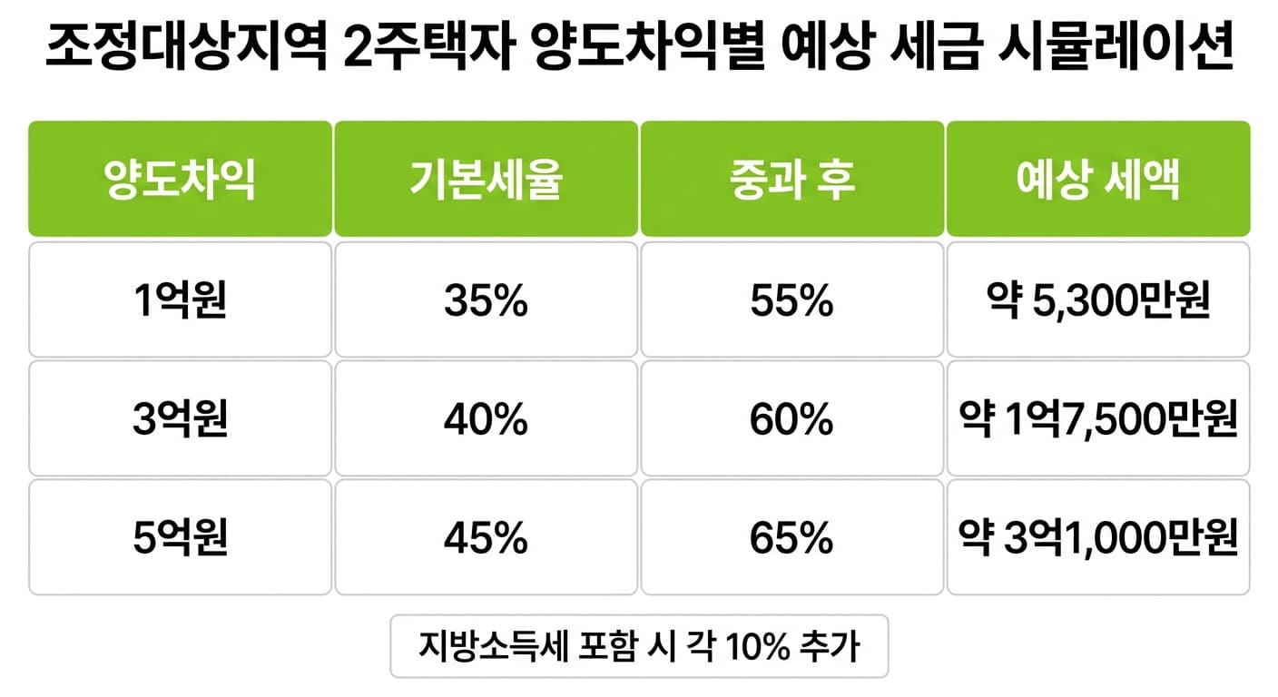 조정대상지역 2주택자 양도차익별 예상 세금 시뮬레이션
