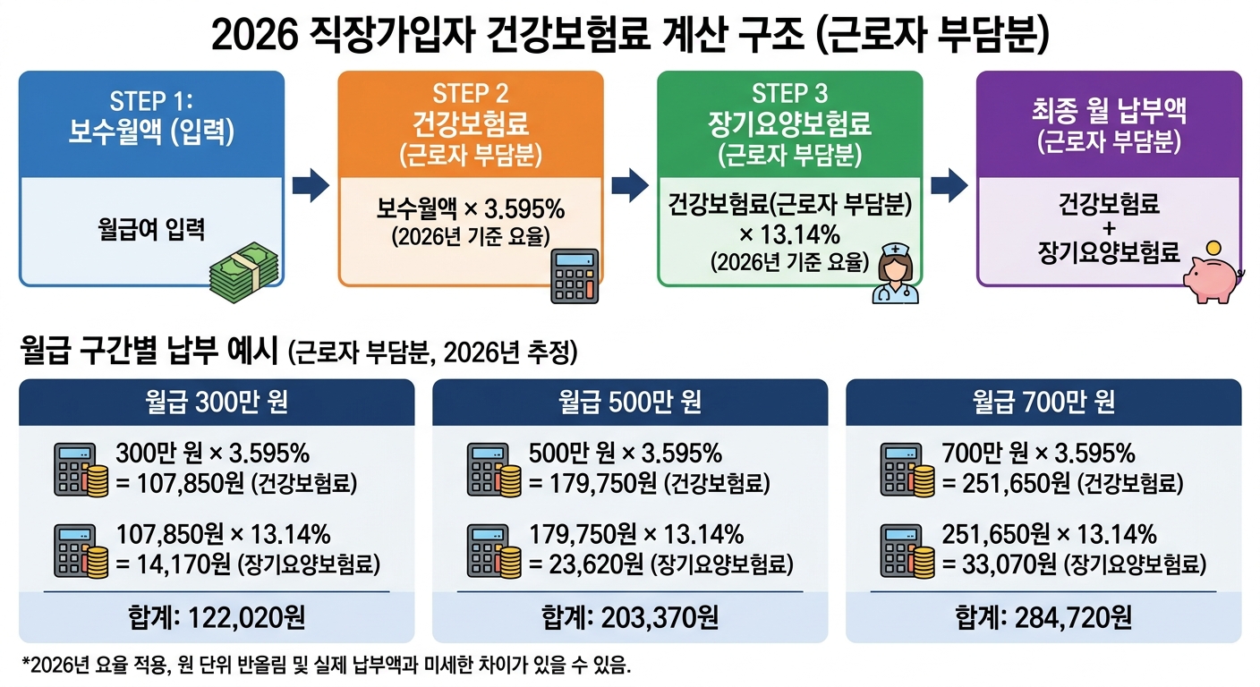 직장가입자 건강보험료 계산 공식과 월급 구간별 납부액 인포그래픽