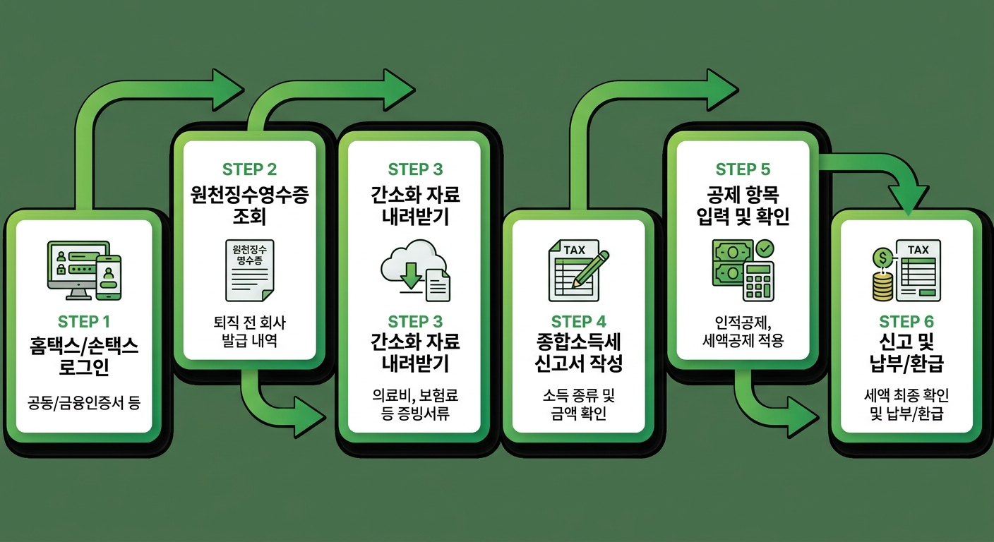 퇴직자 종합소득세 신고 6단계 절차 인포그래픽