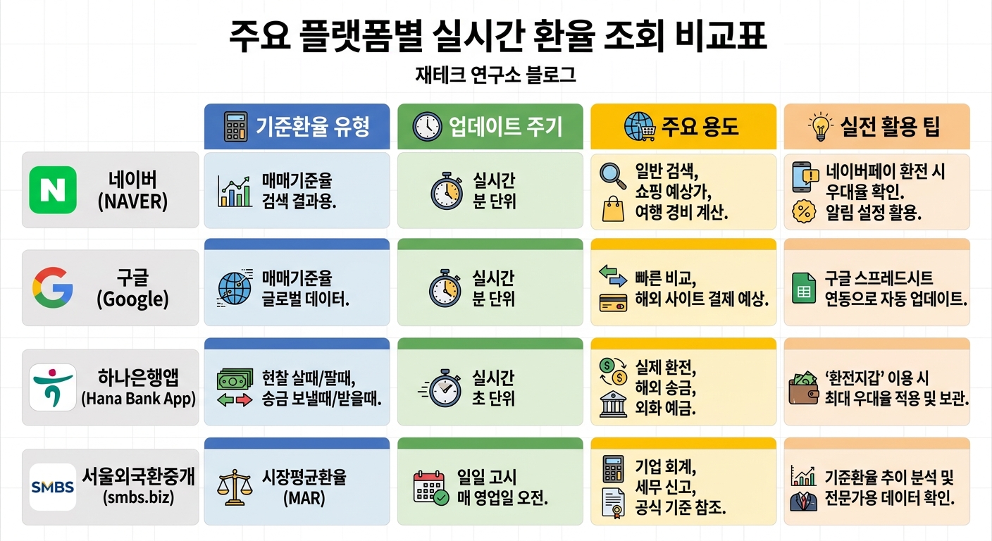 플랫폼별 실시간 환율 조회 기준 및 업데이트 주기 비교 인포그래픽