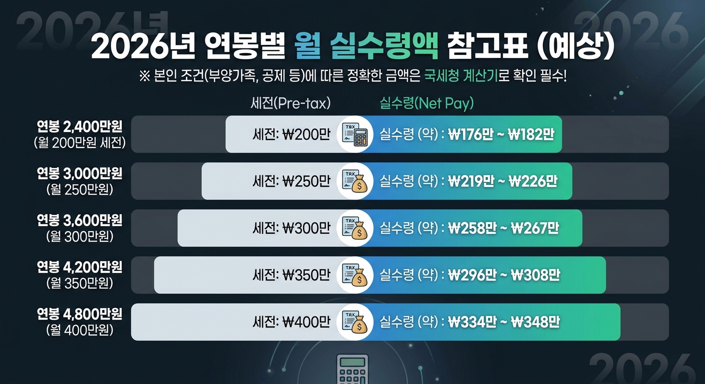 2026년 연봉별 월 실수령액 참고표