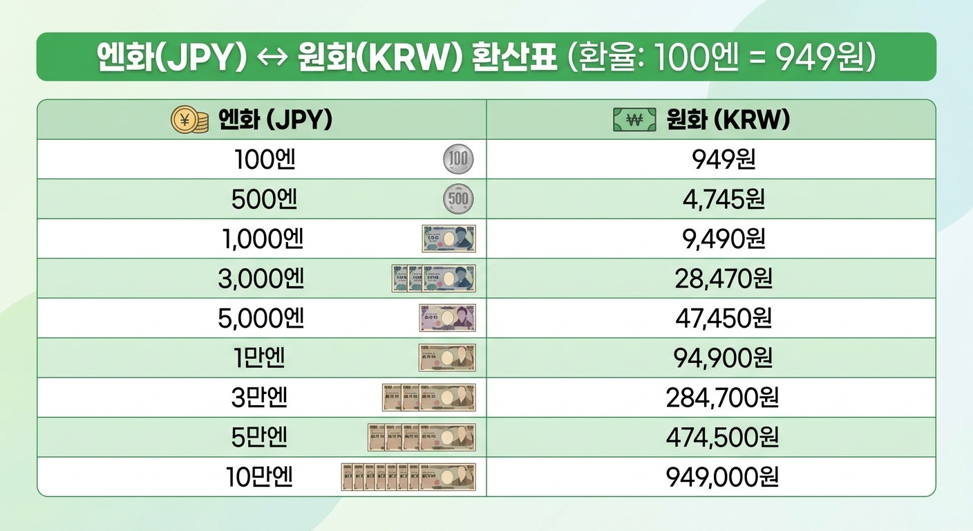 엔화 원화 단위별 환산표 인포그래픽 (2026년 6월 기준)