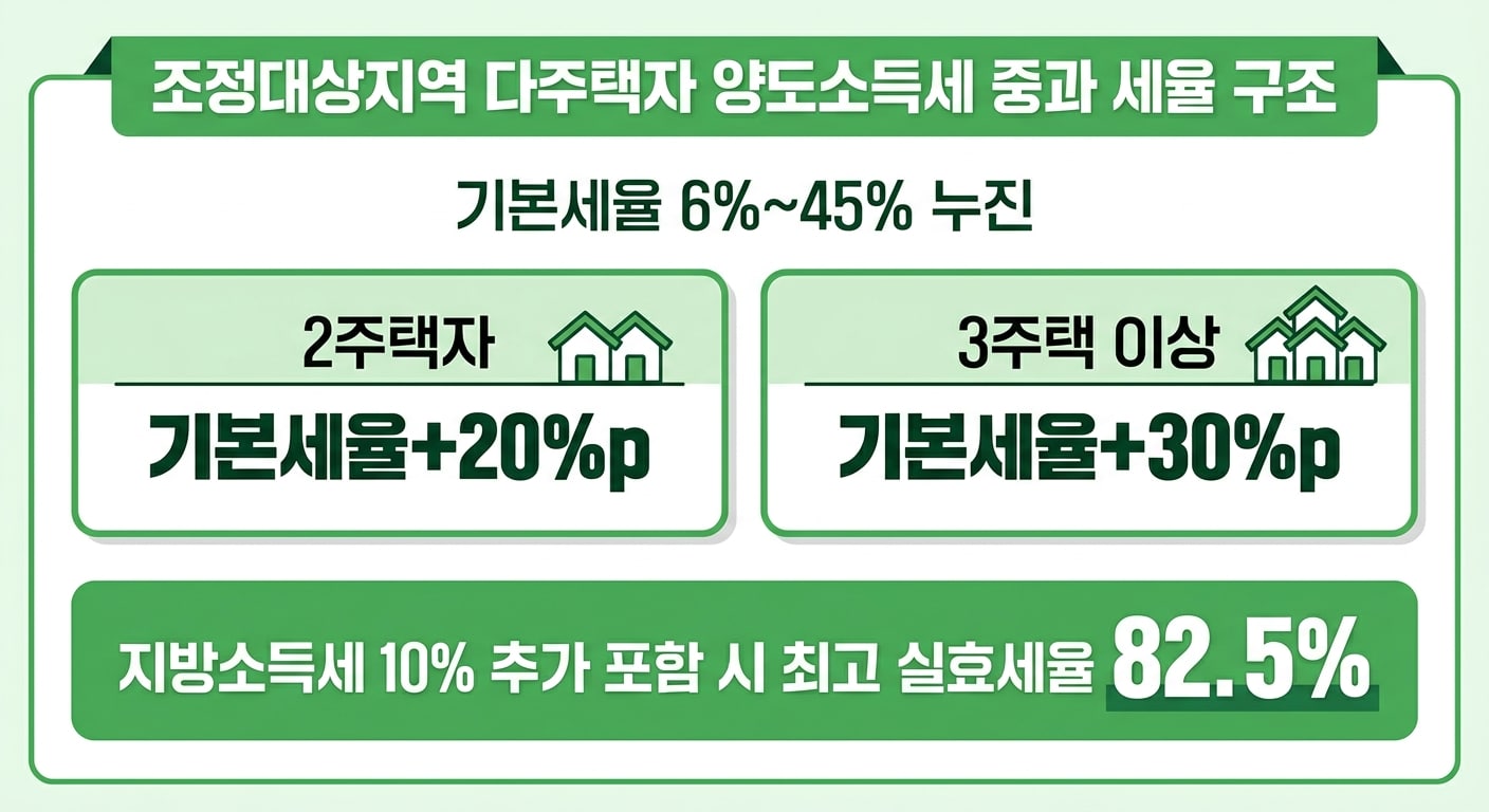 조정대상지역 다주택자 양도세 중과 세율 구조 인포그래픽