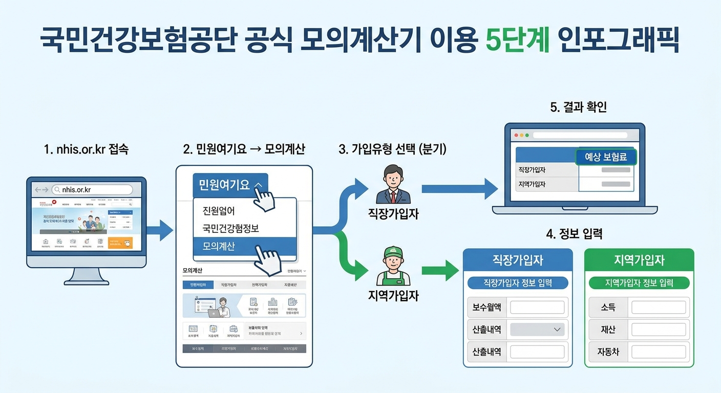 국민건강보험공단 건강보험료 모의계산기 이용 방법 단계별 인포그래픽