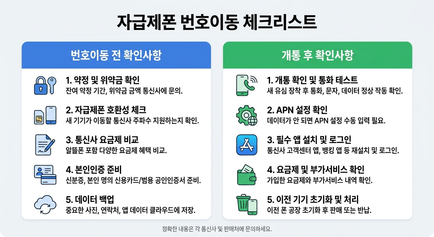 자급제폰 번호이동 전후 체크리스트 인포그래픽