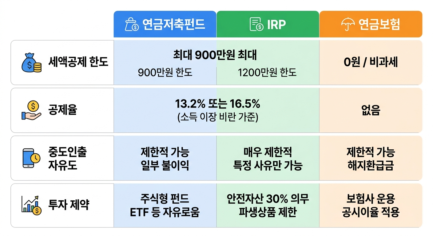 개인연금 종류 3가지 비교표 - 연금저축펀드, IRP, 연금보험
