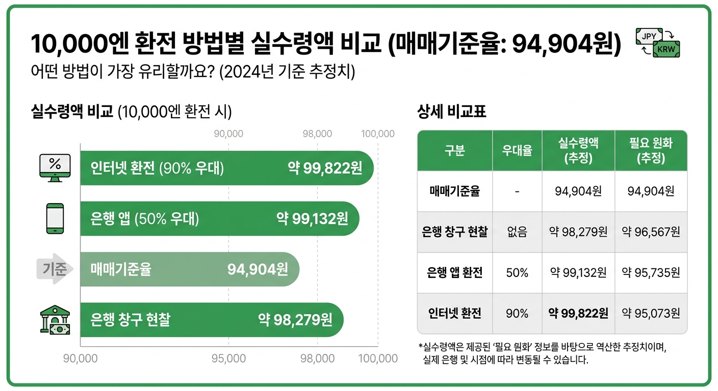 10000엔 환전 채널별 실수령액 비교 인포그래픽