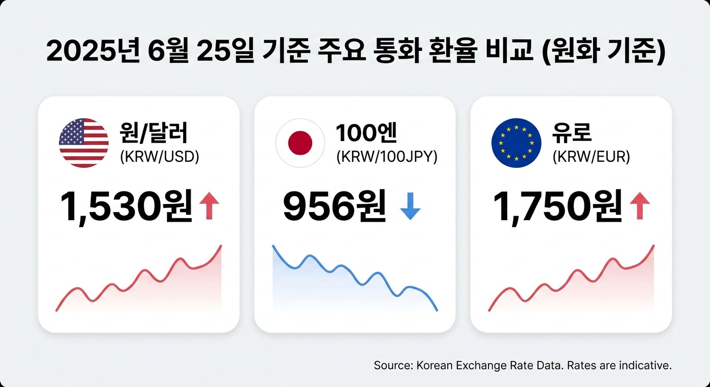 2026년 6월 25일 원달러 엔화 유로 오늘 환율 비교 인포그래픽