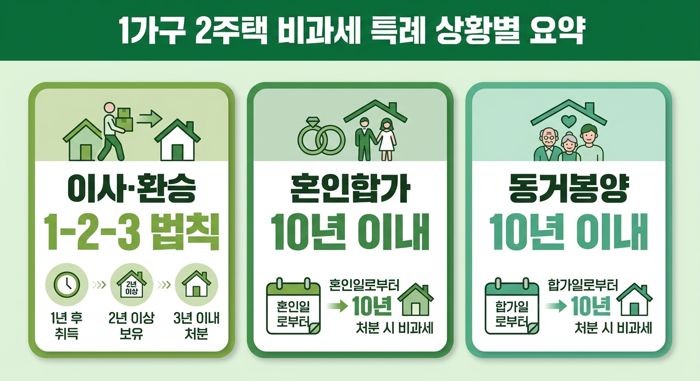 1가구 2주택 비과세 특례 상황별 요약 인포그래픽