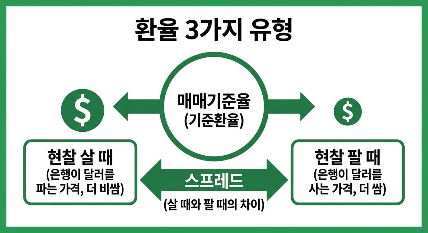 매매기준율, 현찰 살 때, 현찰 팔 때 환율 3가지 유형 인포그래픽