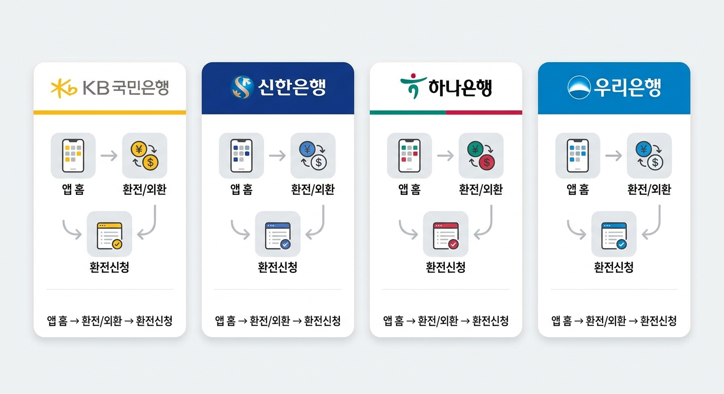 KB·신한·하나·우리 은행 앱 환전 메뉴 진입 경로 안내