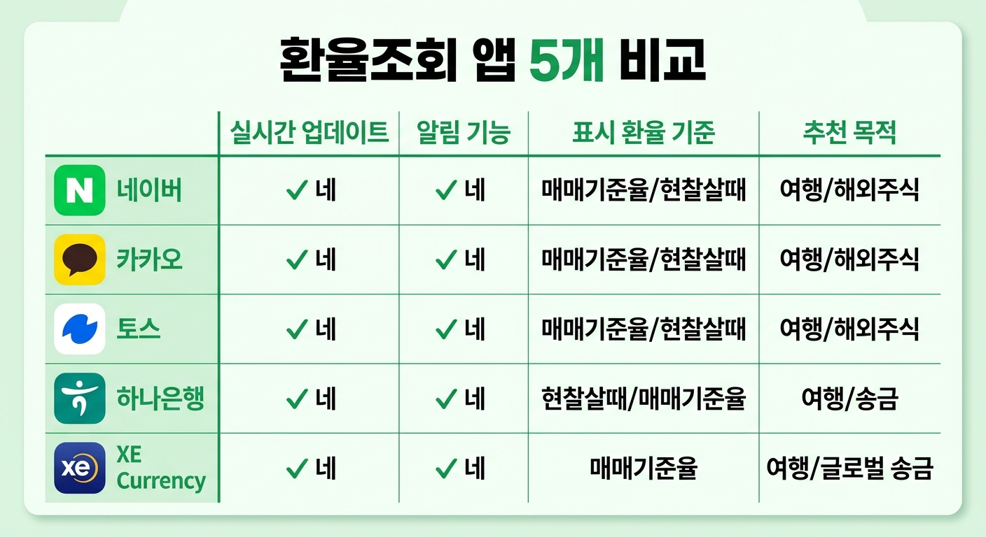 환율앱 5개 기능 비교 인포그래픽