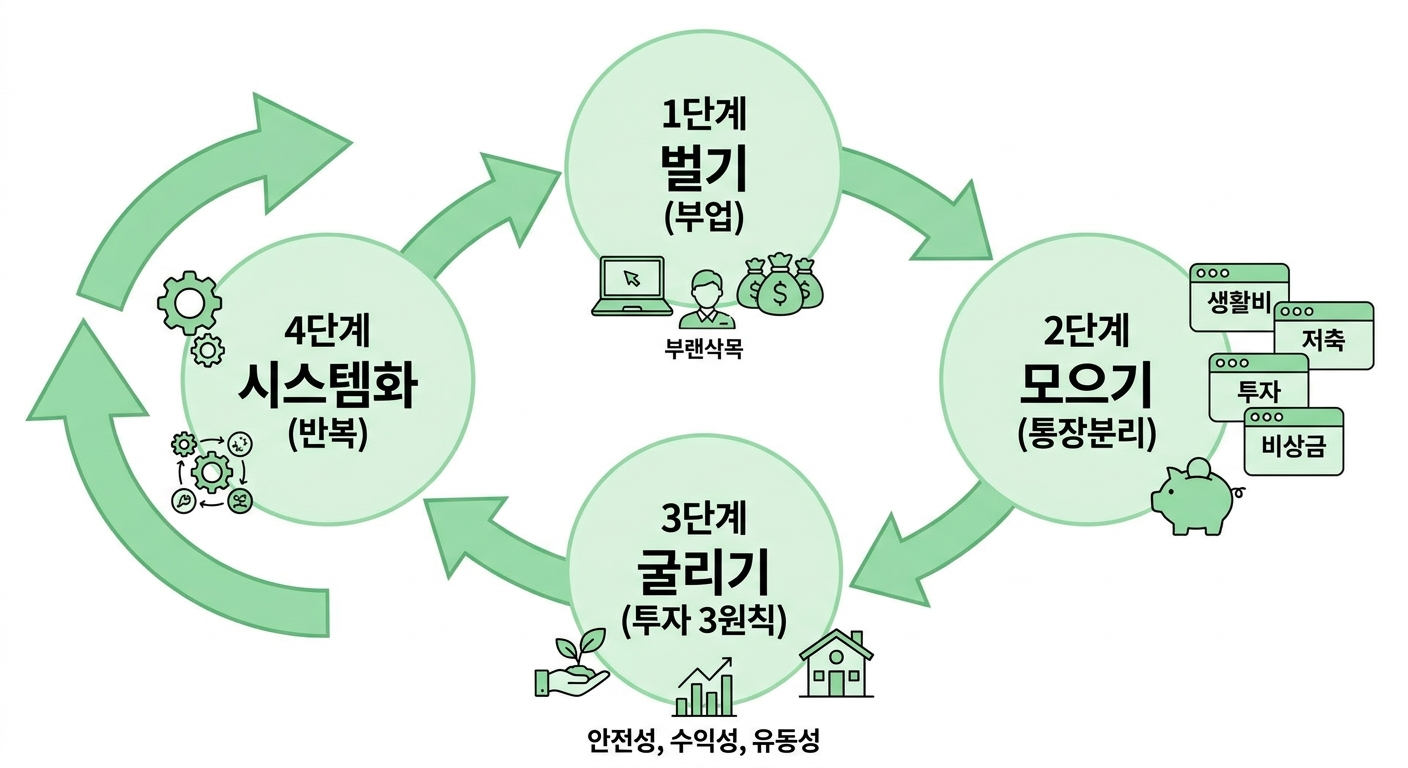 벌기 모으기 굴리기 시스템화로 이어지는 돈 잘 버는 법 4단계 인포그래픽