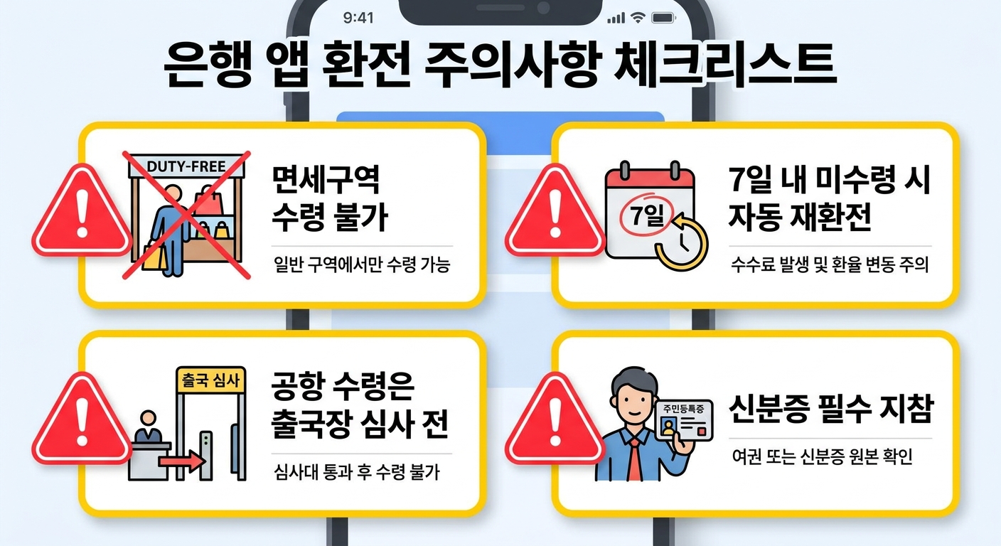 은행 앱 환전 주의사항 체크리스트 인포그래픽