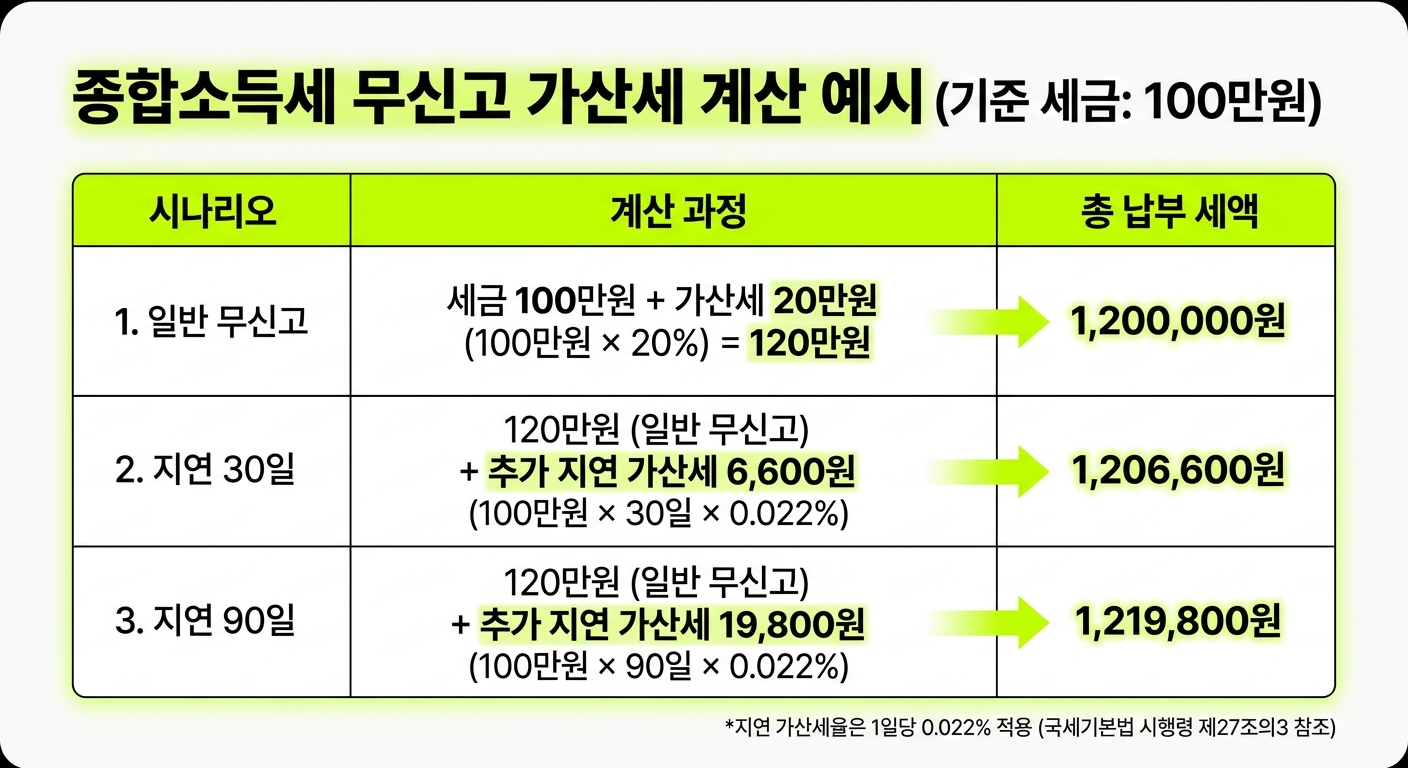 종합소득세 무신고 가산세 계산 예시 - 세금 100만원 기준 시나리오