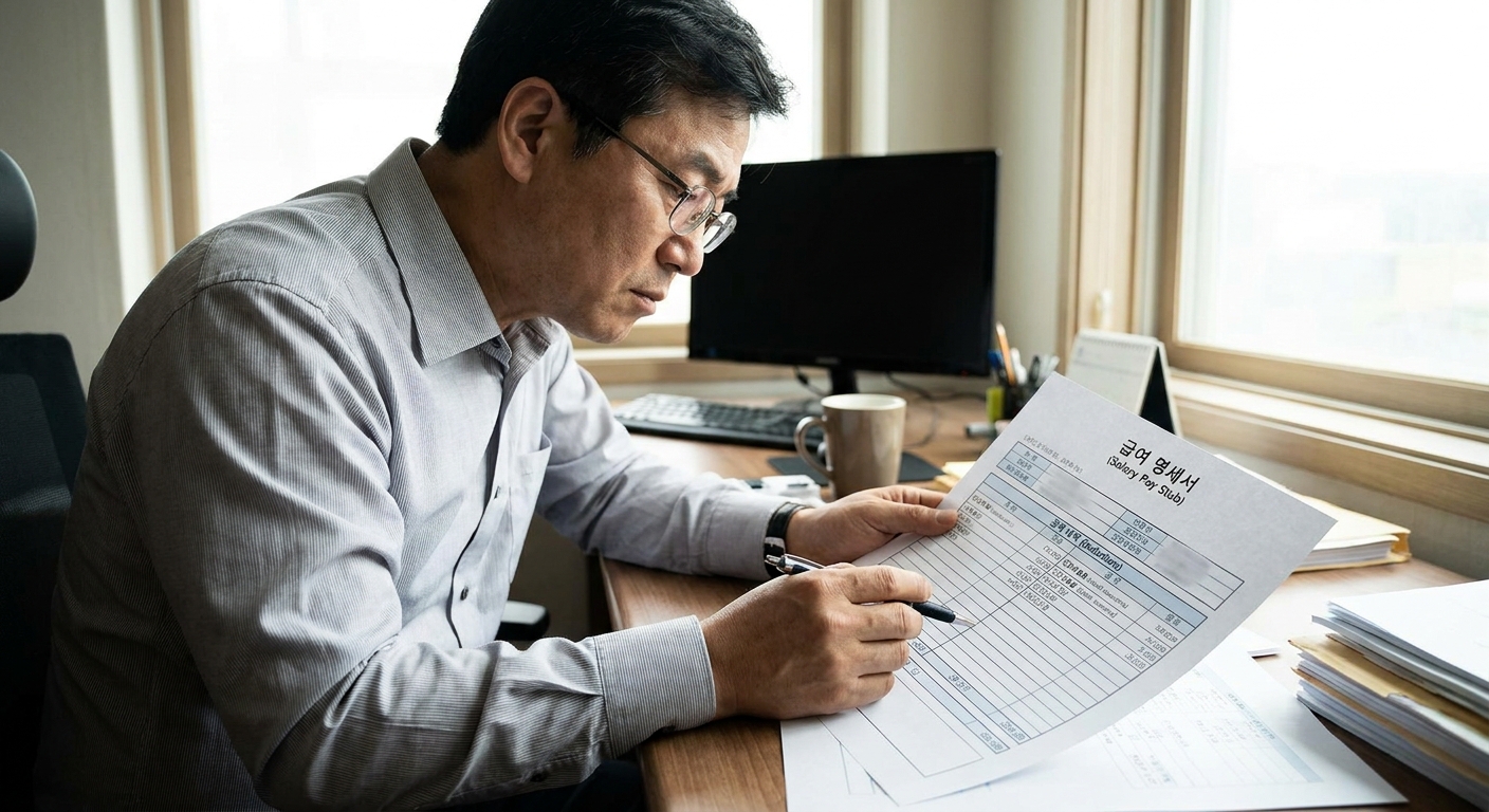 직장인이 급여명세서 건강보험료 공제액을 확인하는 모습