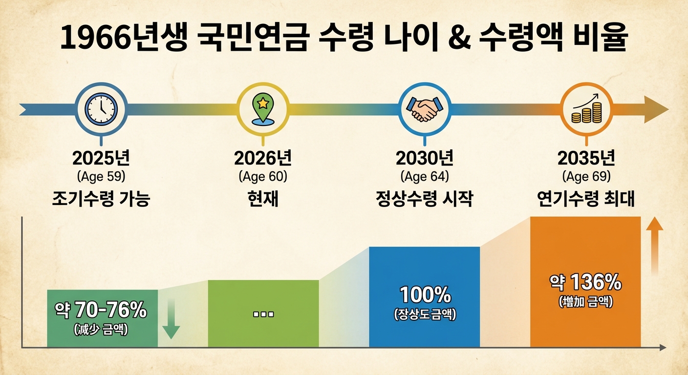 1966년생 국민연금 조기·정상·연기 수령 타임라인