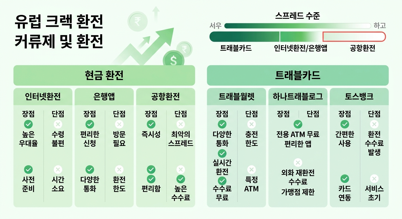 유럽 여행 현금 환전 vs 트래블카드 비교 인포그래픽