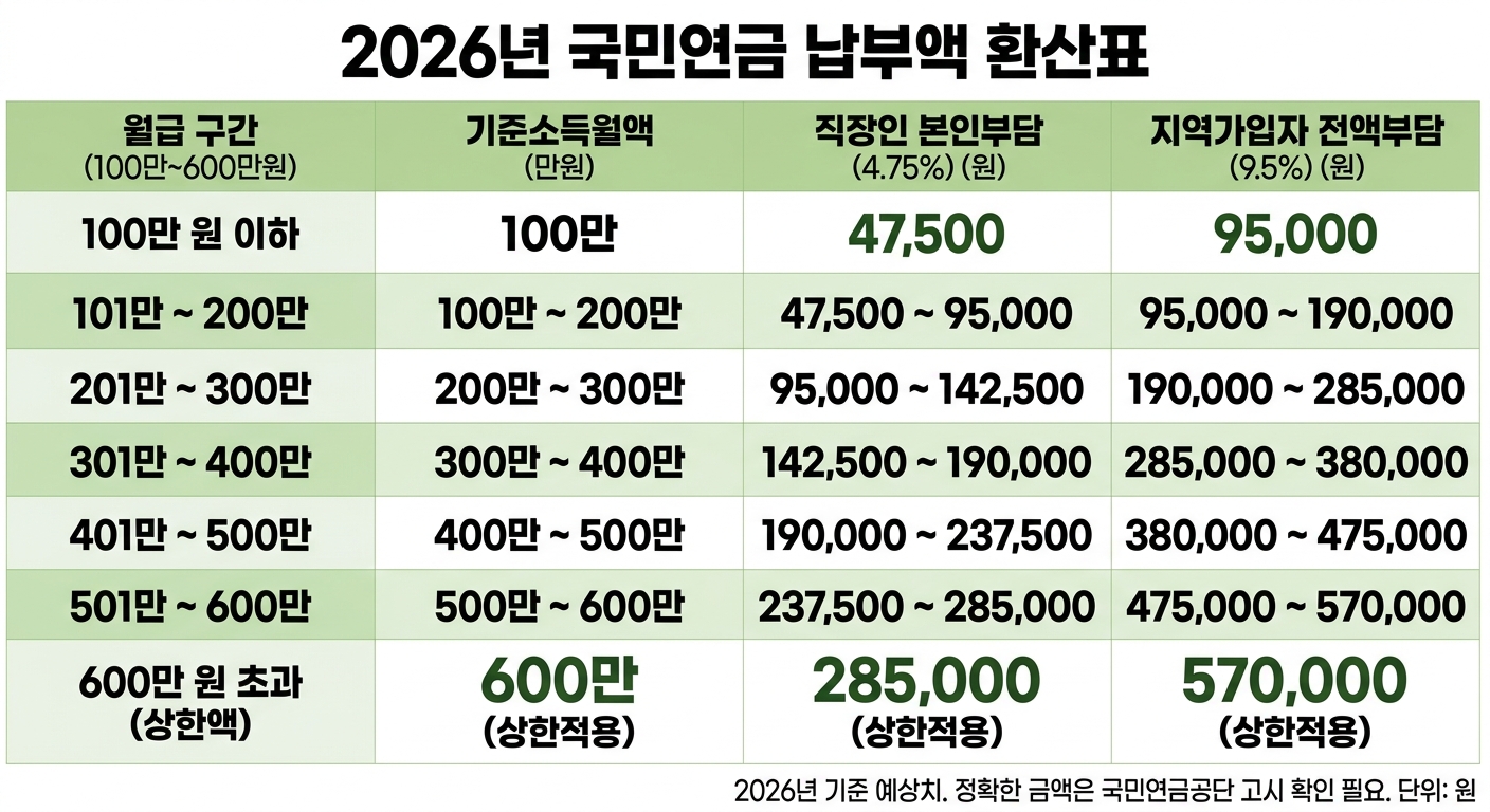 2026년 국민연금 월급 구간별 납부액 환산표