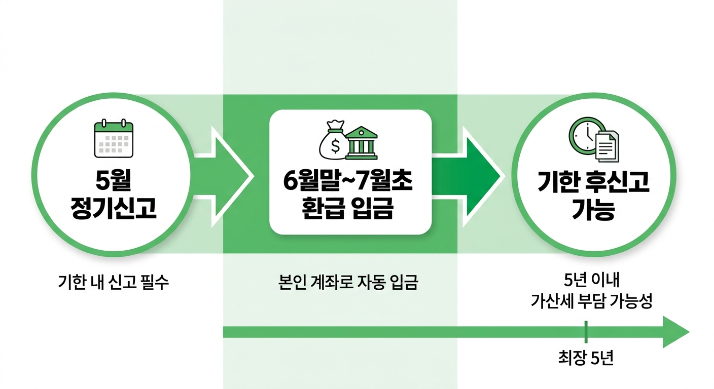 종합소득세 환급 지급일 및 기한 후 신고 타임라인 인포그래픽