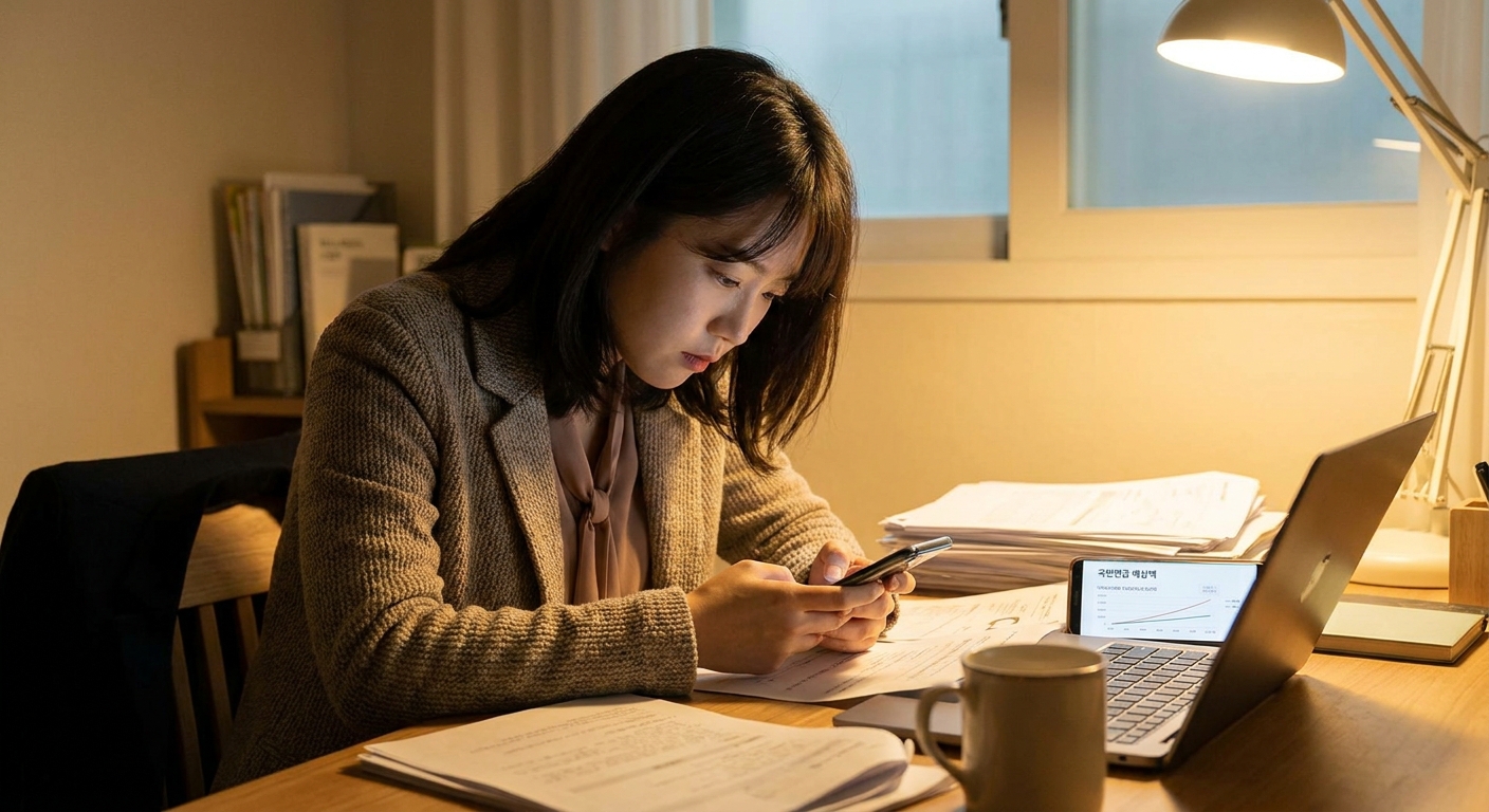직장인이 스마트폰으로 국민연금 예상 수령액을 조회하는 모습